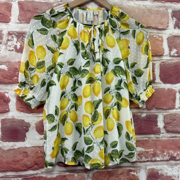 Joie Top Women's XS Yellow Citrus Lemon Print Sheer Chiffon Puff Sleeve Shirt - Picture 2 of 9